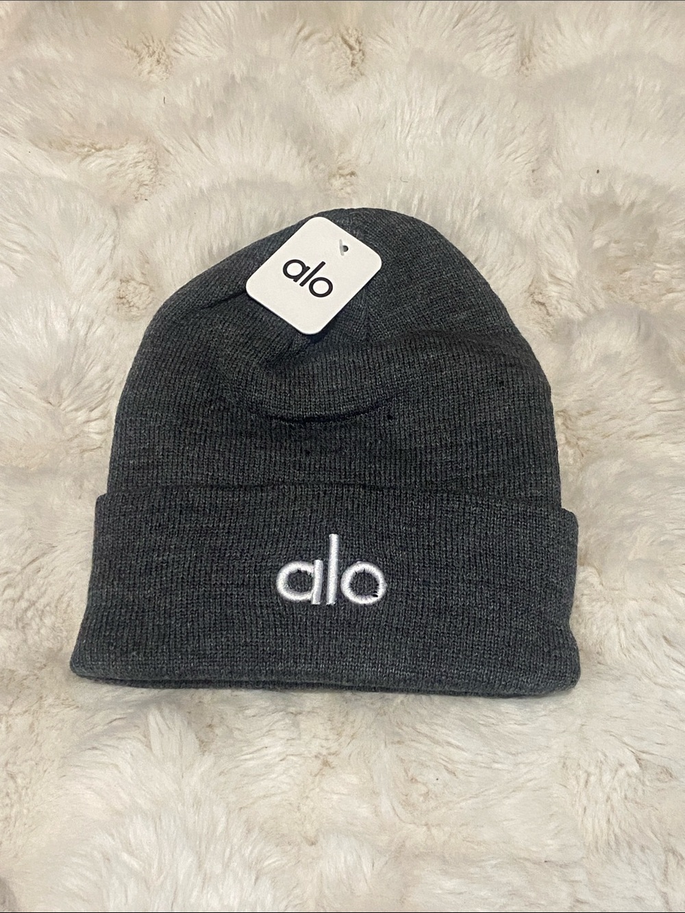 ALO Yoga Charcoal Beanie with White Embroidered Logo
